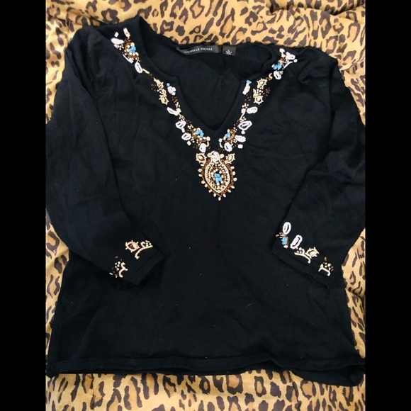 Michelle Nicole black beaded V-neck 3/4 sleeves stretch shell detail, size large - Picture 3 of 9